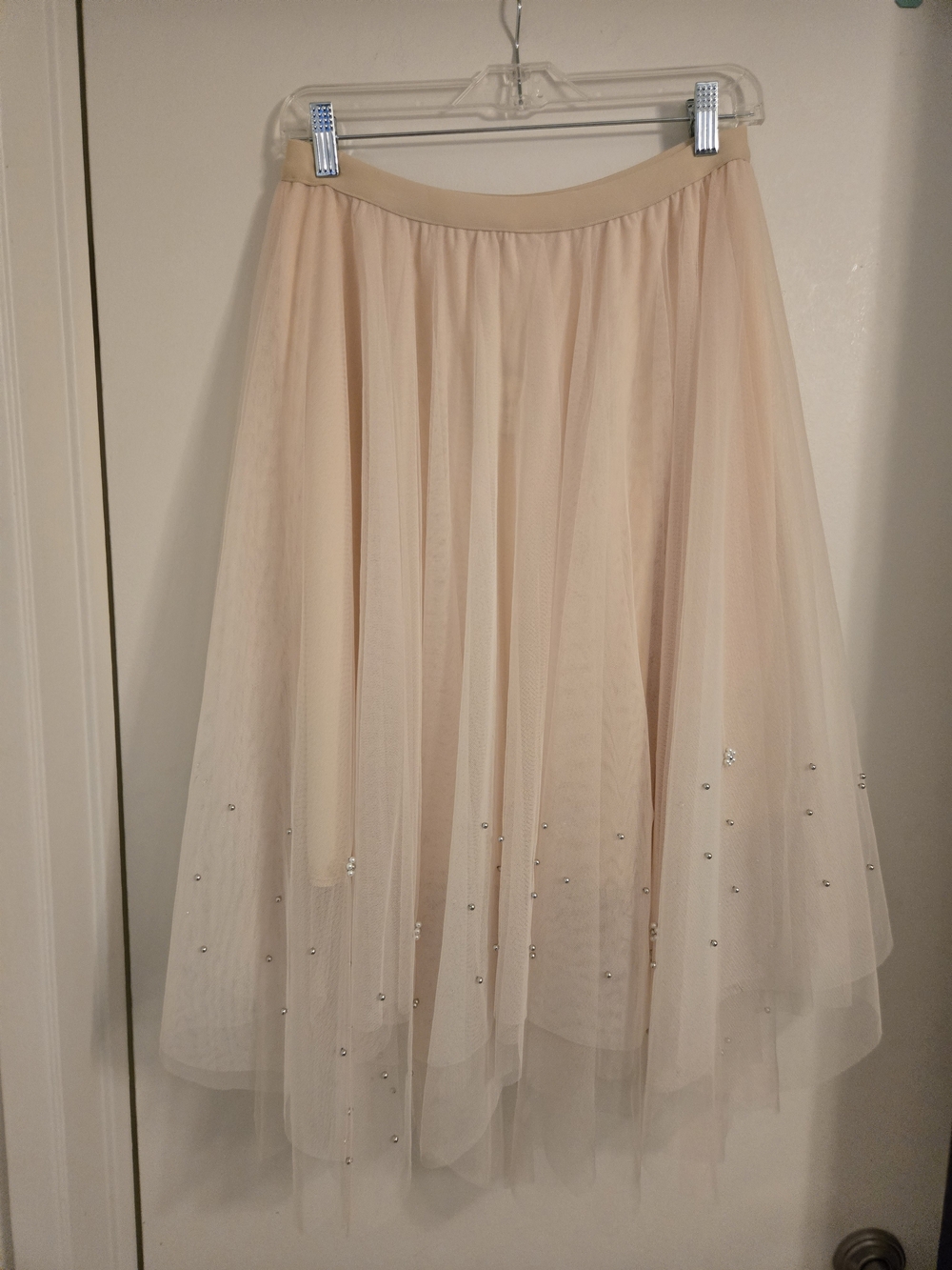 Apricot Pearl Embellished Tulle Midi Skirt - Picture 5 of 8